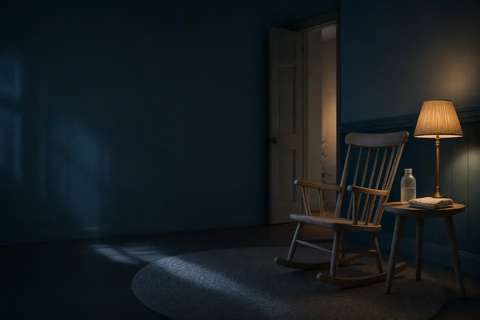 An empty rocking chair beside a warm lamp in a moonlit room, ready for the next caregiver